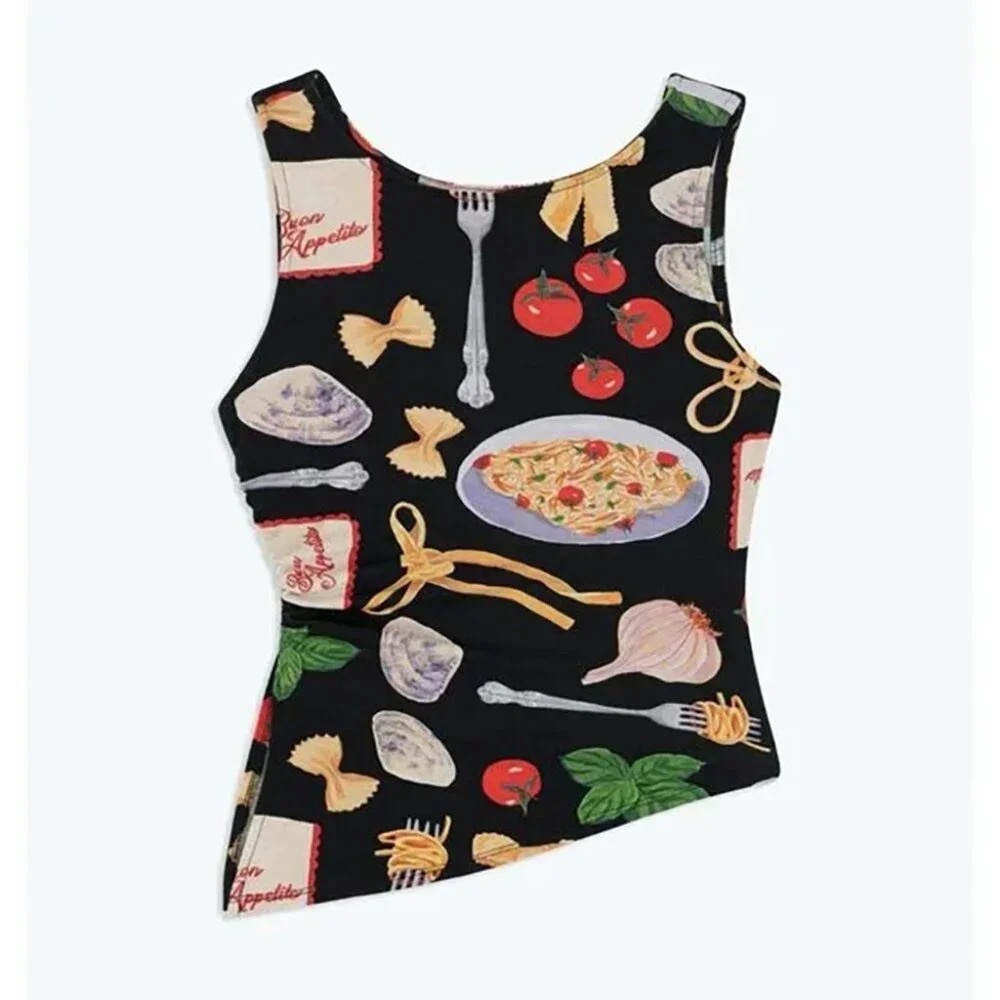 Lisa Says Gah Buon Appetito Erin Tank Top Black Food Print Pasta Italian XL